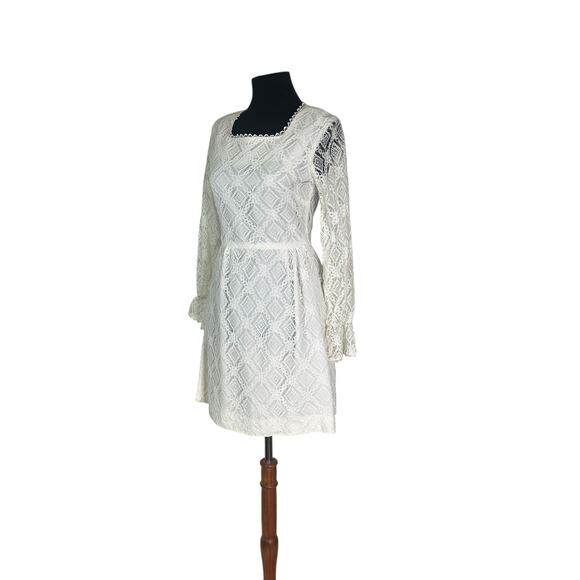 Vintage 70s White Lace Mini Dress Long Sleeve Boho Bridal Cottagecore XS-S - Picture 5 of 7